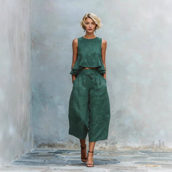 Ruffled Suits Summer Round Neck Sleeveless Top And Loose Wide-leg Pants Casual Fashion Straight Trouser Set