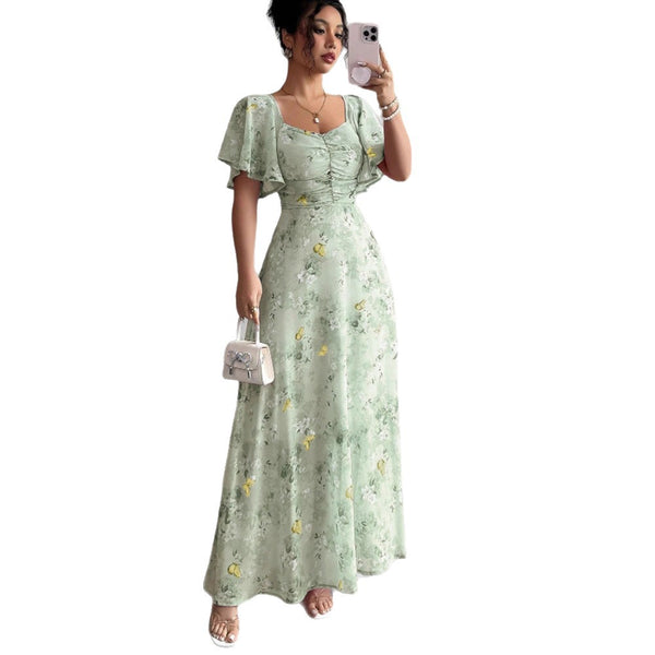 Flowers Printed Lotus Sleeve Dress Summer Elegant Slim Dresses Women's Clothing