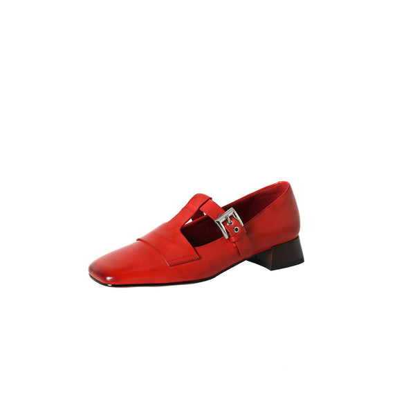 Women's Handmade Washed Full-Grain Leather Mary Jane Shoes, Vintage Square Toe T-Strap Buckle Low Block Heel Pumps