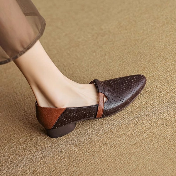 French-style Color-Block Elegant Soft Leather Low-Heel Womens Pumps