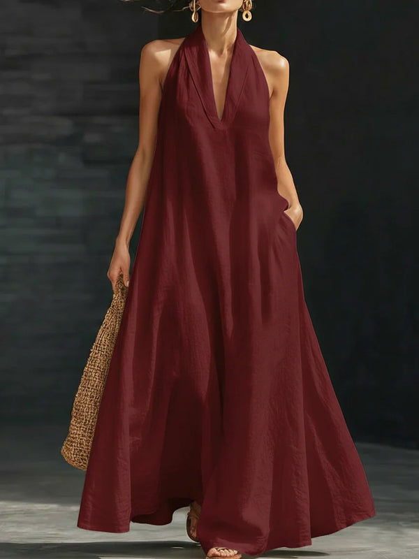 Casual V-neck Dress Halter Style Long Dress For Women's Casual Solid Color  A-line Dress For Daily Wear