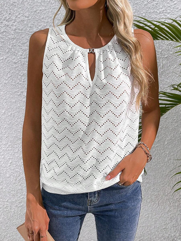 Casual Sleeveless Top With Keyhole Neckline Hollow-Out T-Shirt