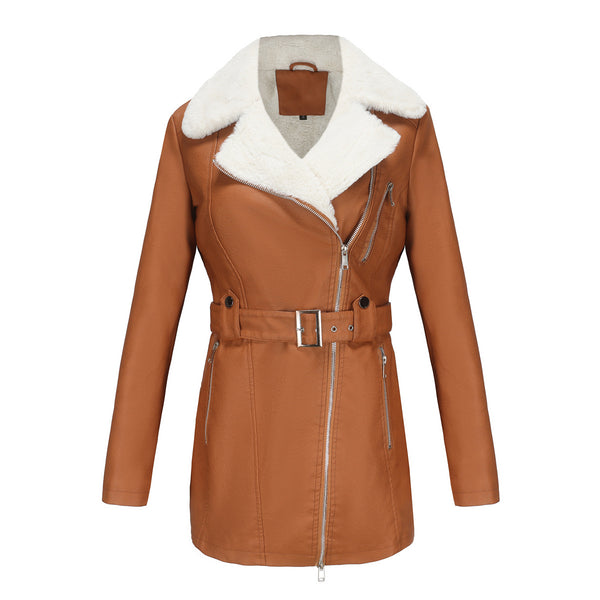 Long Sleeve Fleece Leather Jacket Women