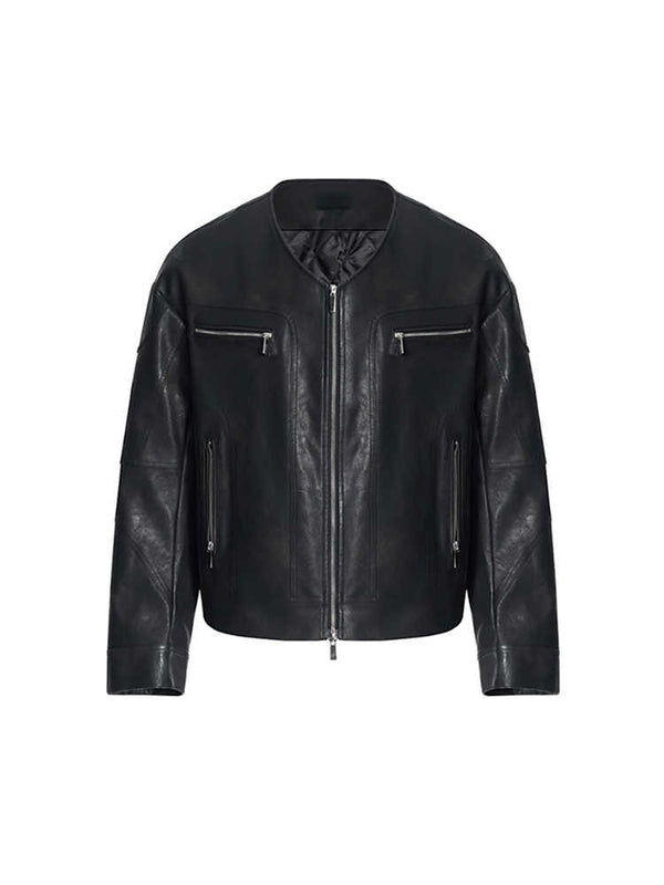 Niche V-neck Zipper Design Leather Coat For Men