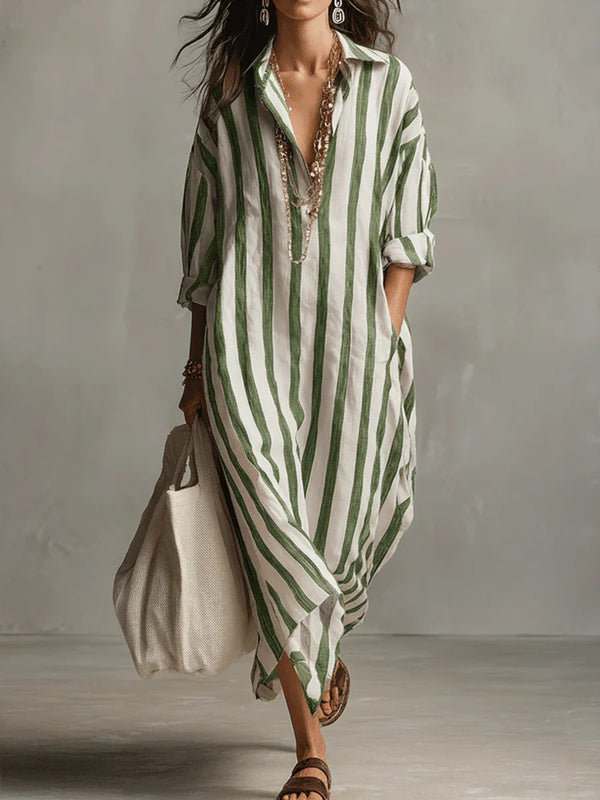 Striped Print Dress Summer Split Collar Short Sleeve Long Dresses Fashion Women's Clothing
