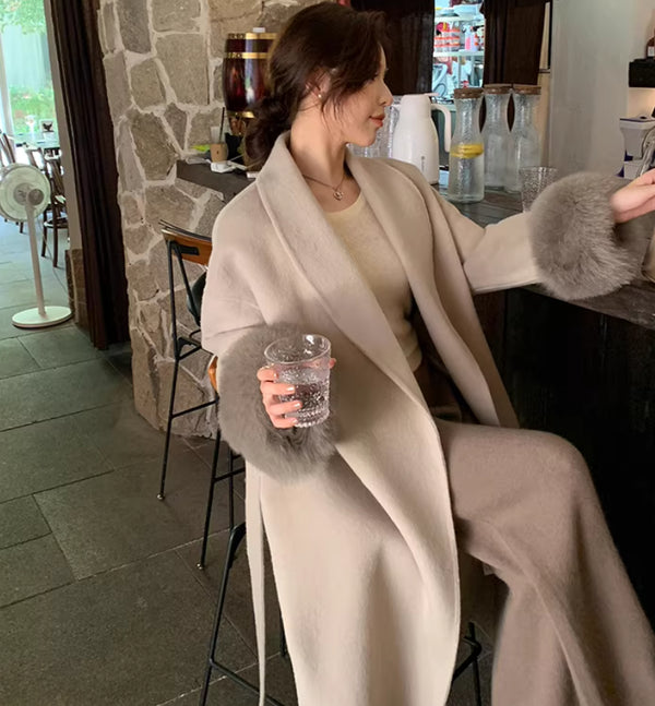Fox-fur Classic Bestseller Long Double-faced Pure Wool Coat
