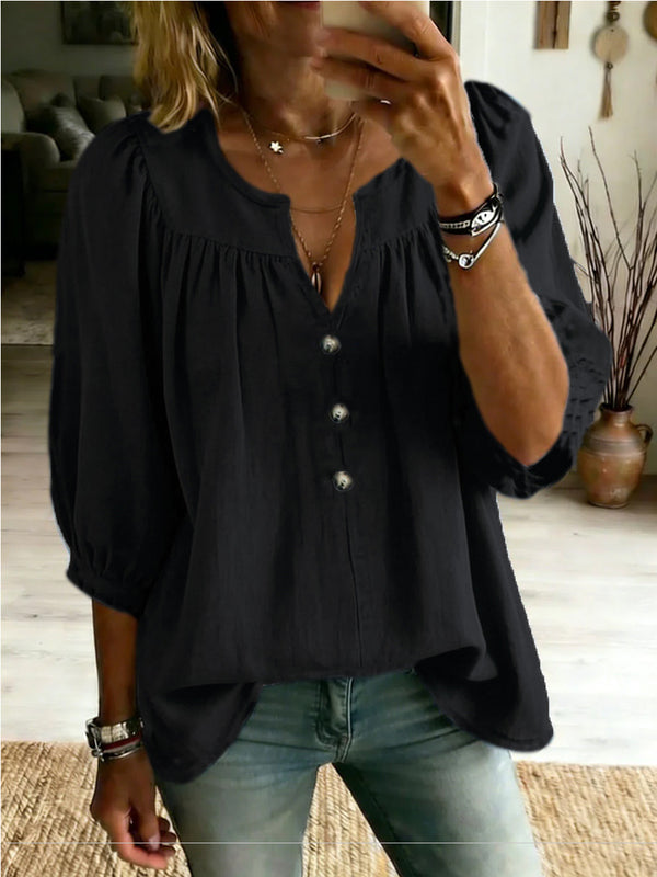 Three-quarter-sleeve Buttoned Casual Loose-fit T-shirt
