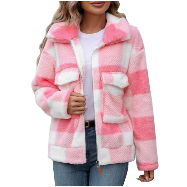 Double-Sided Polar Fleece Plaid Zip-Up Fluffy Coat