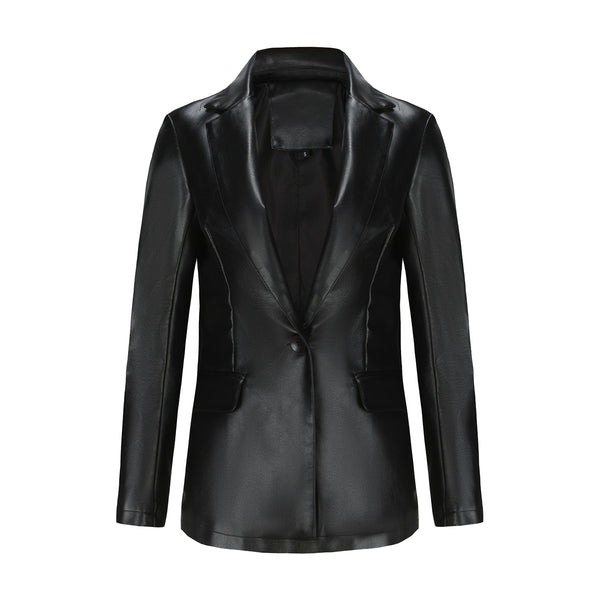 Single Button Commute Leisure Solid Color Leather Coat