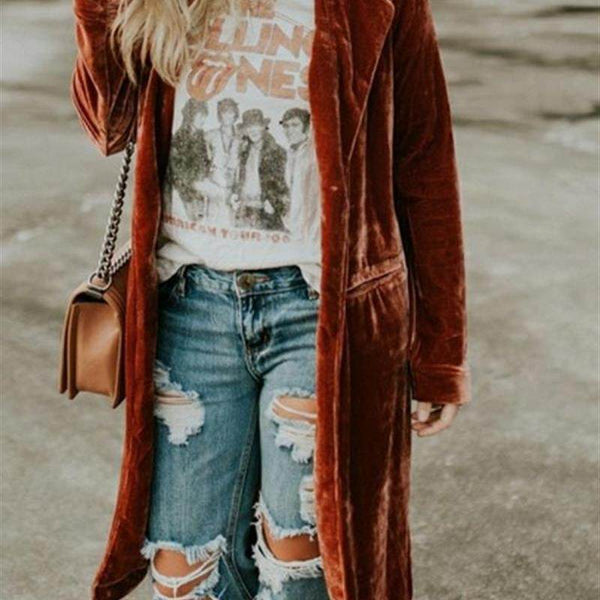 Womens European And American-style Gold Velvet Loose Mid-length Coat