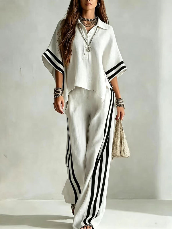 Womens Clothing Short-Sleeve Shirt And Loose Pants Two-Piece Set