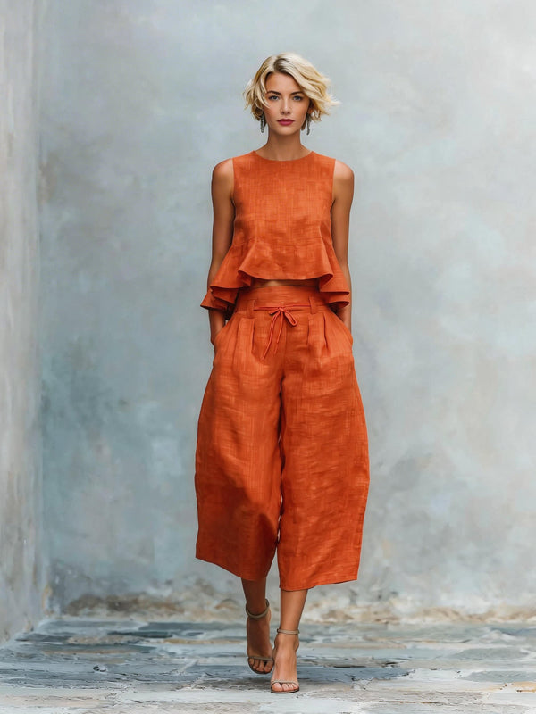 Ruffled Suits Summer Round Neck Sleeveless Top And Loose Wide-leg Pants Casual Fashion Straight Trouser Set