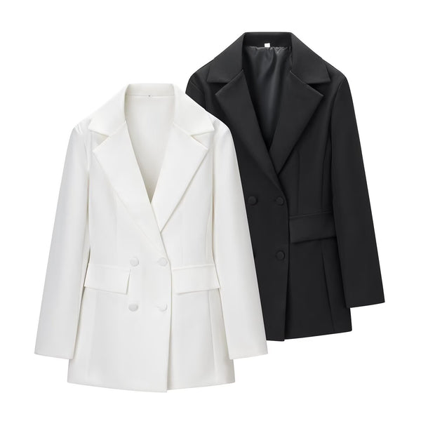 Deep-V Long-sleeved Bloom-shaped Waist-cinched Slim-fit Midi Blazer For Women