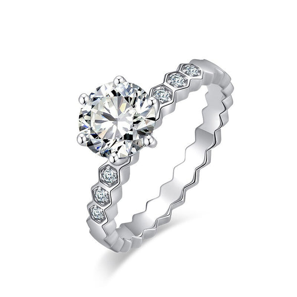 Classic Honeycomb Six-Prong Simulated Diamond Ring, Moissanite Hexagonal Band