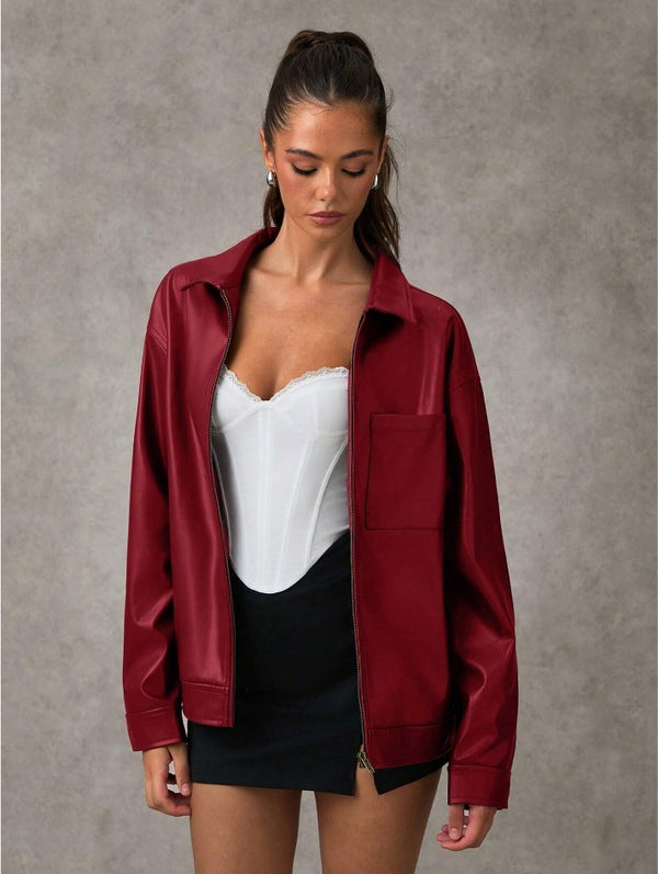 High-end Sophisticated Leather Jacket With A Lapel Collar And Zipper-front Cardigan Top