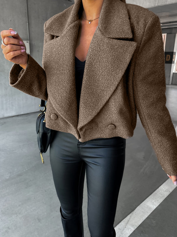 Trendy Woolen Cropped Oversized Coat With A Stand-up Collar In A Solid Color