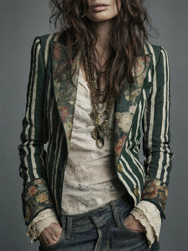 Women's Bohemian Color-Block Striped Blazer