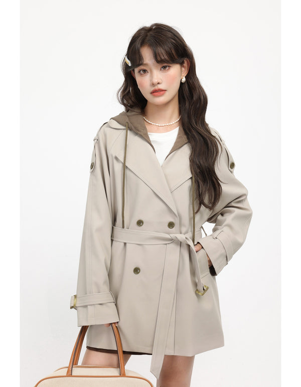 French Hepburn-style Faux Two-piece Hooded Trench Coat