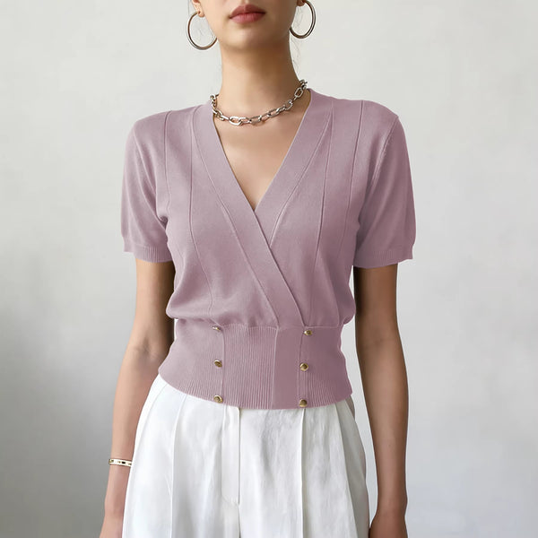 Women's Solid Color Elegant Top With Double Breasted Three Buttons