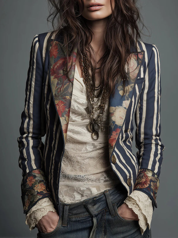 Women's Bohemian Color-Block Striped Blazer