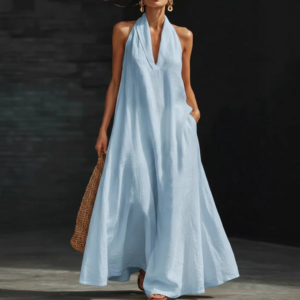 Casual V-neck Dress Halter Style Long Dress For Women's Casual Solid Color  A-line Dress For Daily Wear