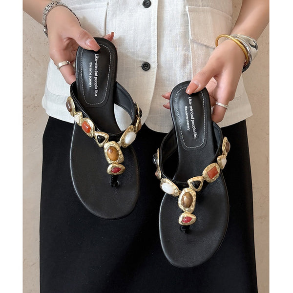 Women's Artisanal Full-Grain Leather Thong Sandals, Handcrafted Multi-Stone Embellished Flat Flip Flops