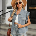 Washed Ruffled-edge Denim Vest Trendy