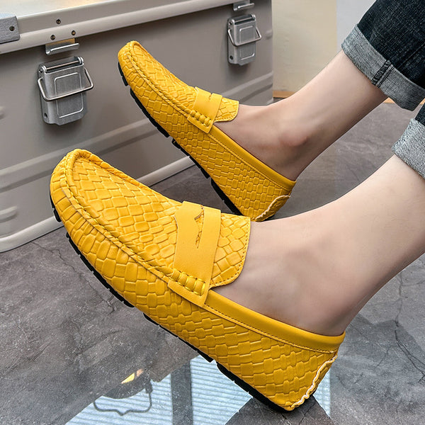 Mens Woven-pattern Leather Shoes Slip-on Loafers