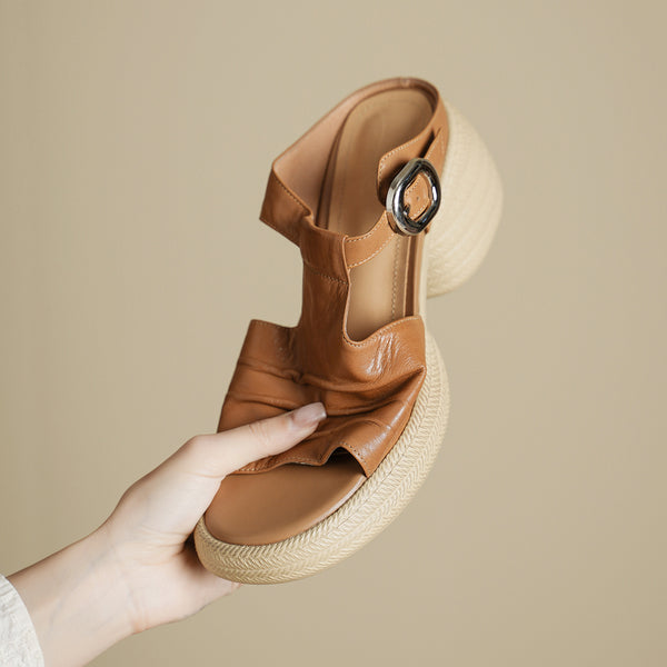 Women's Handcrafted Full-Grain Leather Ruched T-Strap Platform Mule Sandals, Chunky Heel Slides With Buckle