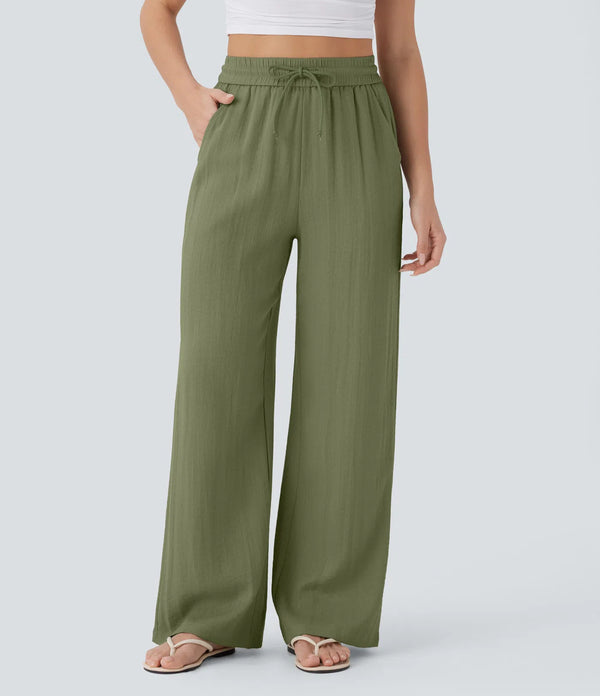 Solid Color Wide Leg Pants With Pockets Fashion Loose Drawstring Trousers Casual  Women's Clothing