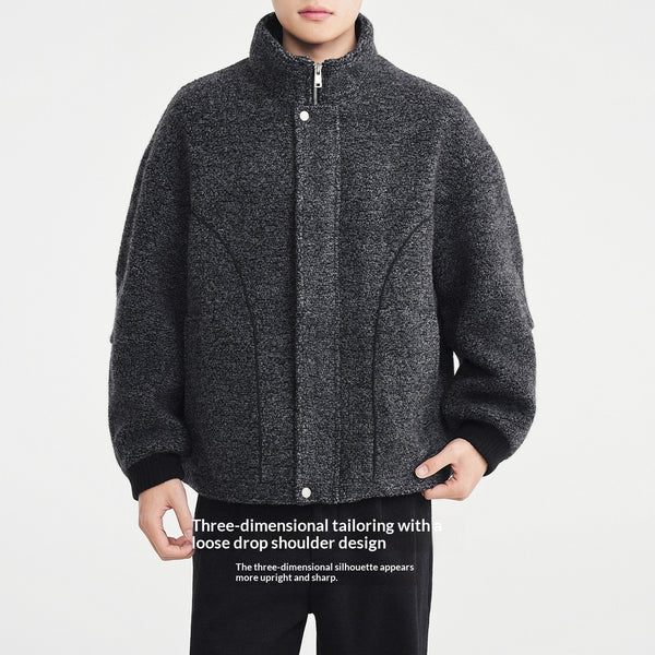Mens Mixed-Color Wool Circle-Weave Overcoat With A Stand-Up Collar