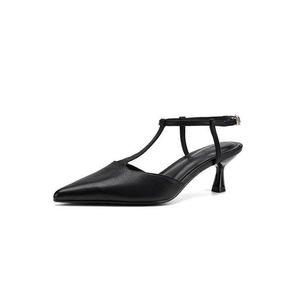 Women's Handmade Washed Full-Grain Lambskin T-Strap Slingback Heels, Vintage Pointed Toe Kitten Heel Sandals