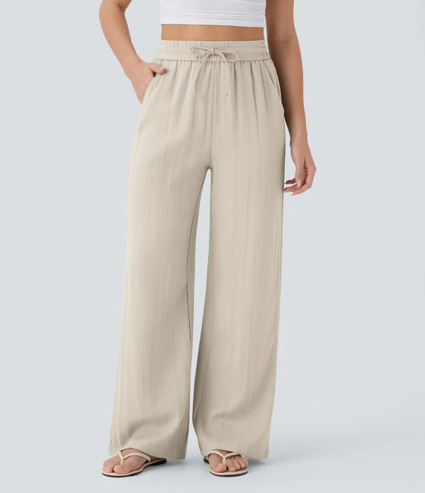 Solid Color Wide Leg Pants With Pockets Fashion Loose Drawstring Trousers Casual  Women's Clothing