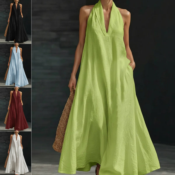 Casual V-neck Dress Halter Style Long Dress For Women's Casual Solid Color  A-line Dress For Daily Wear