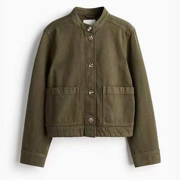 Womens Workwear Denim Jacket With A Stand Collar And Designer Details
