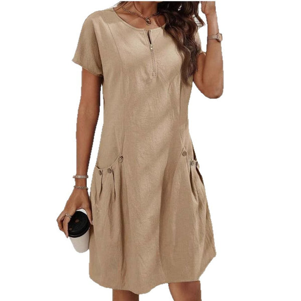 Short-sleeved Dress With Pockots And Zipper Women's Summer Clothing