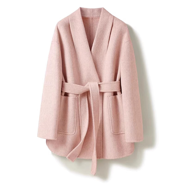 Camel-wool V-neck Wool Double-faced Wool Belted Coat