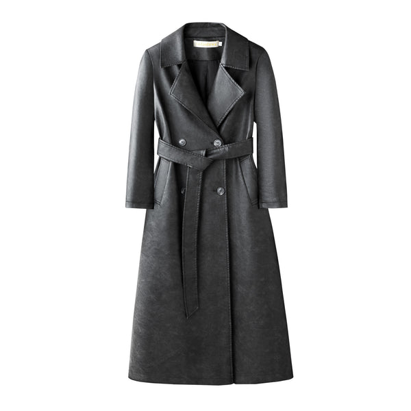 Women's Leather Trench Coat Long Below-the-knee Length