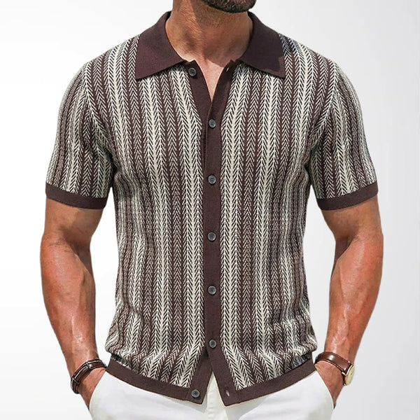 Men's Short-Sleeve Striped Knitted Cardigan Jacquard Polo Shirt