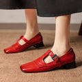 Women's Handmade Washed Full-Grain Leather Mary Jane Shoes, Vintage Square Toe T-Strap Buckle Low Block Heel Pumps