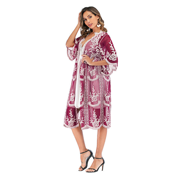 Embroidered Dress Swimsuit With A Lace Cover-up Cardigan For The Beach