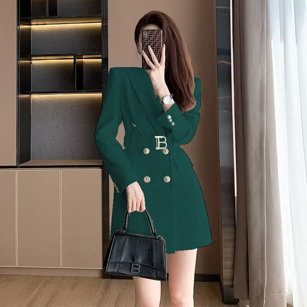 Elegant Waist-Cinched Blazer Dress With Double-Breasted Buttons