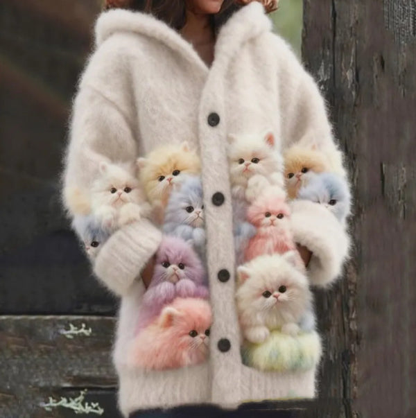 Casual 3D Printed Animal Cat Hooded Cape Jacket Cardigan