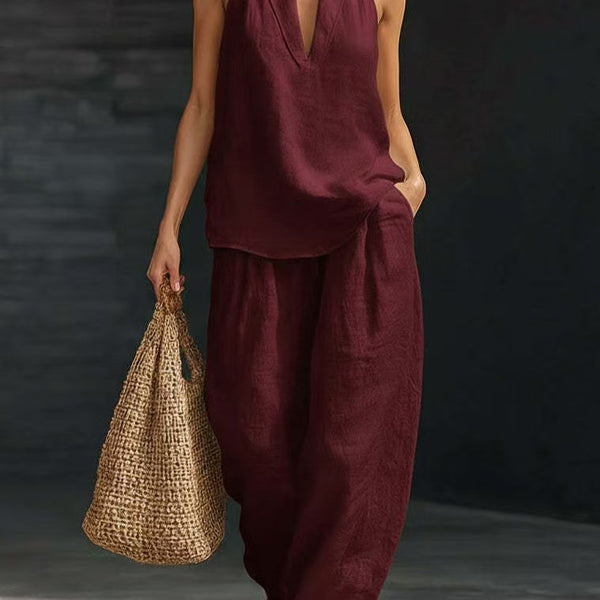 Summer Sleeveless Suits V-neck Halter Top And Wide-leg Pants Fashion Casual Straight Trousers Set
