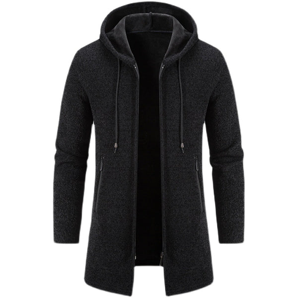 Autumn And Winter Fleece-lined Thickening Trendy Solid Color Men's Cardigan Mid-length Hooded Jacket