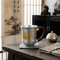 Pure 999 Fine Silver Exquisite Sterling Silver Cup with Crane Relief and Dark Wood Handle - Handicraft