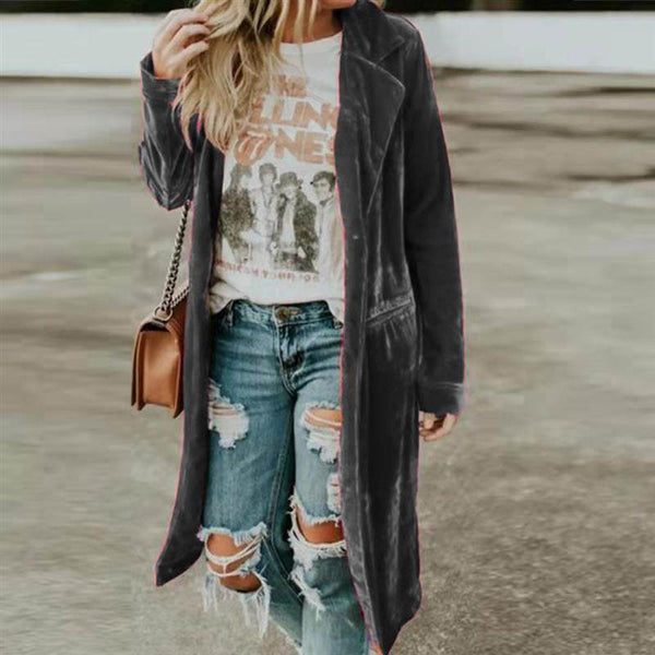 Womens European And American-style Gold Velvet Loose Mid-length Coat