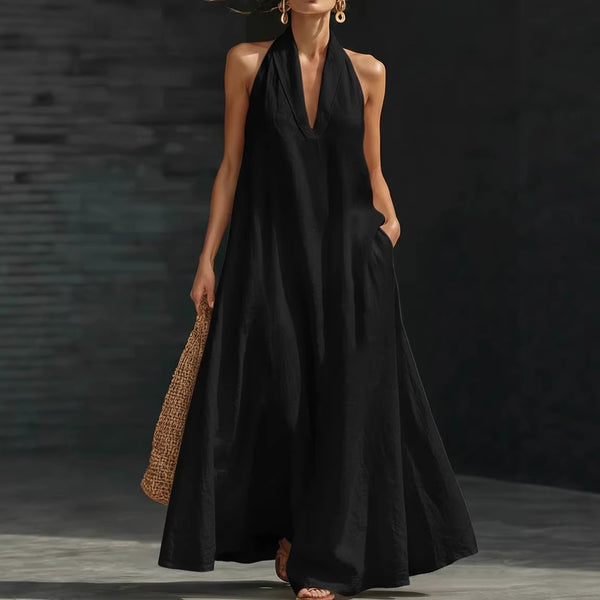Casual V-neck Dress Halter Style Long Dress For Women's Casual Solid Color  A-line Dress For Daily Wear