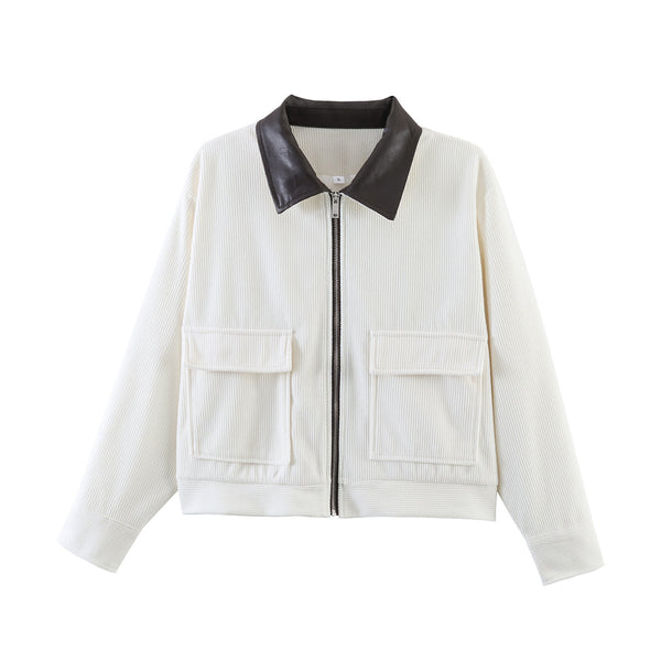 Women's Casual Corduroy Patchwork Leather-Trimmed Jacket Coats