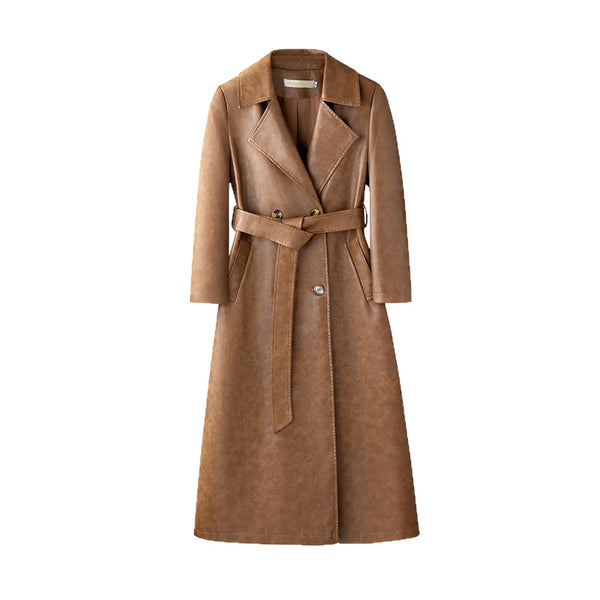 Women's Leather Trench Coat Long Below-the-knee Length